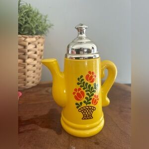 1970s Avon "Koffee Klatch" Yellow Tea Pot bath oil decanter silver lid Floral